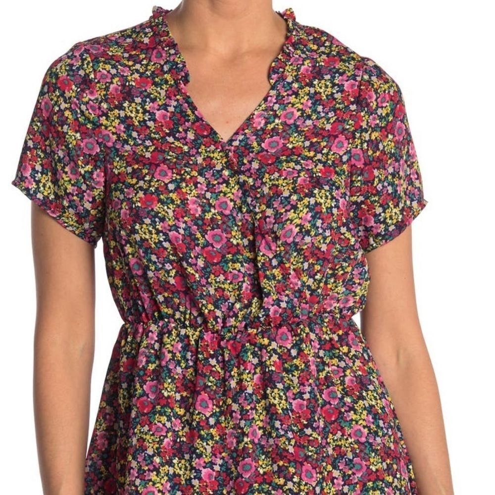 Bobeau Floral Surplice Peplum Ruffle Top